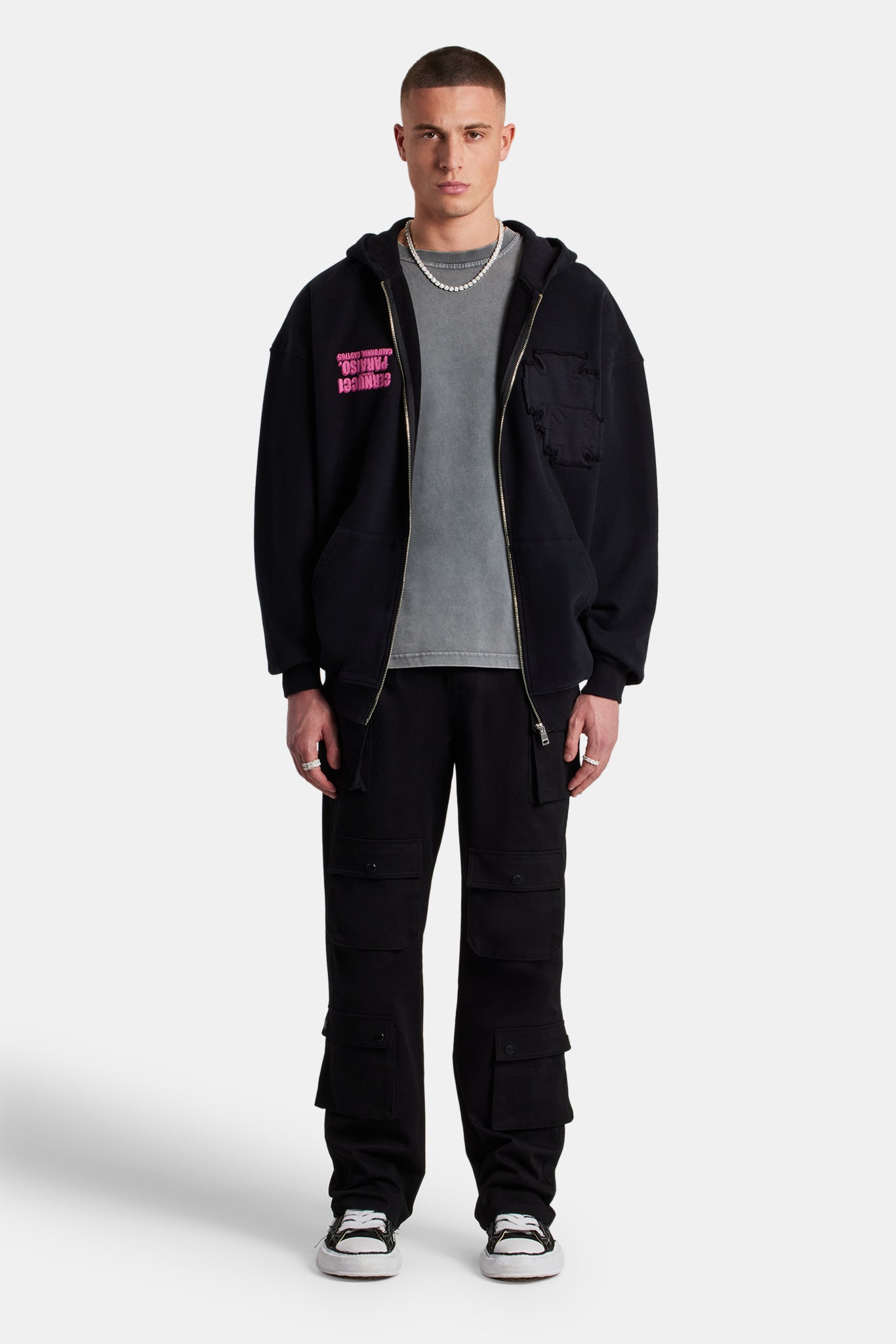 Kapuzenjacke mit Reißverschluss und Applikation - Schwarz