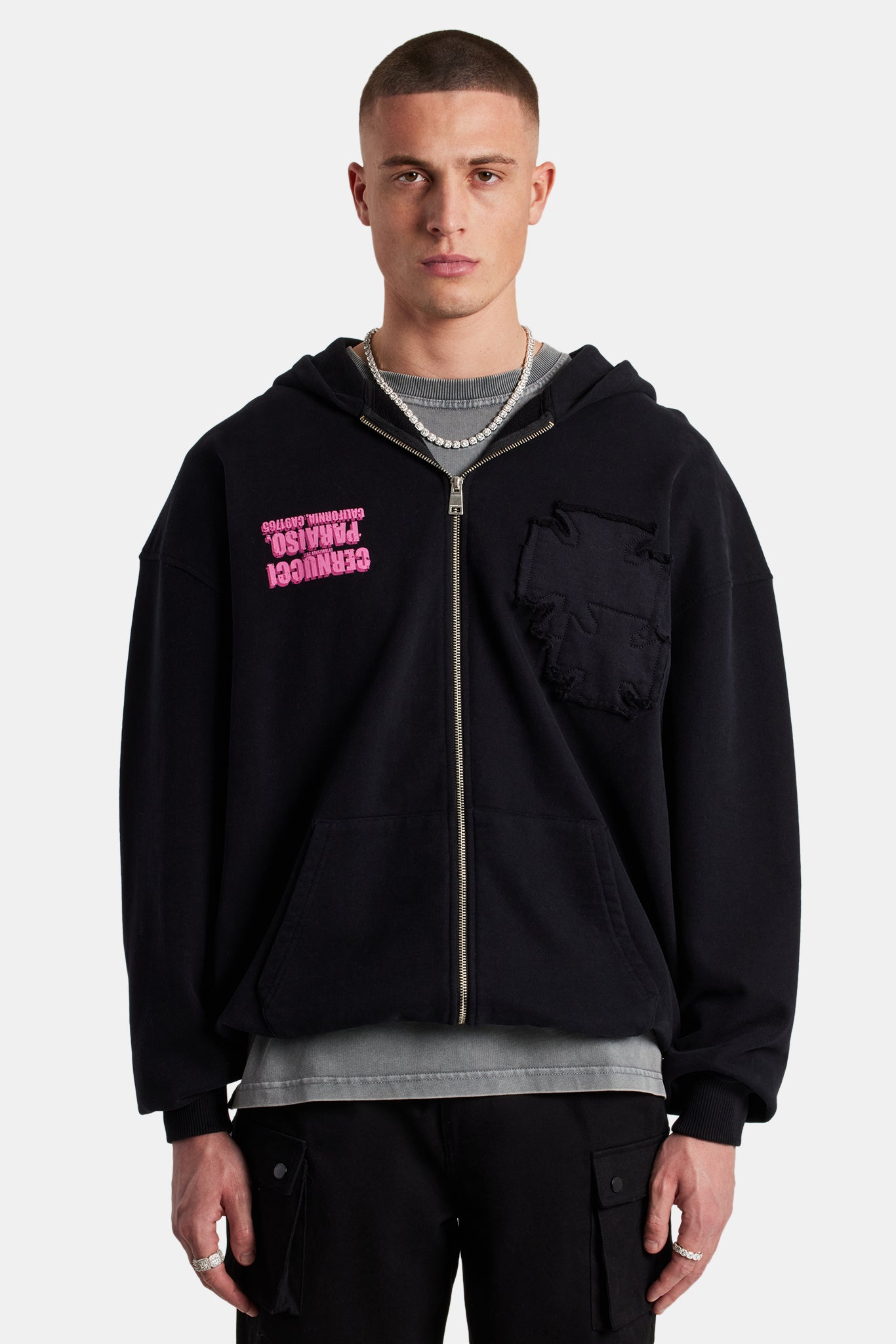Kapuzenjacke mit Reißverschluss und Applikation - Schwarz