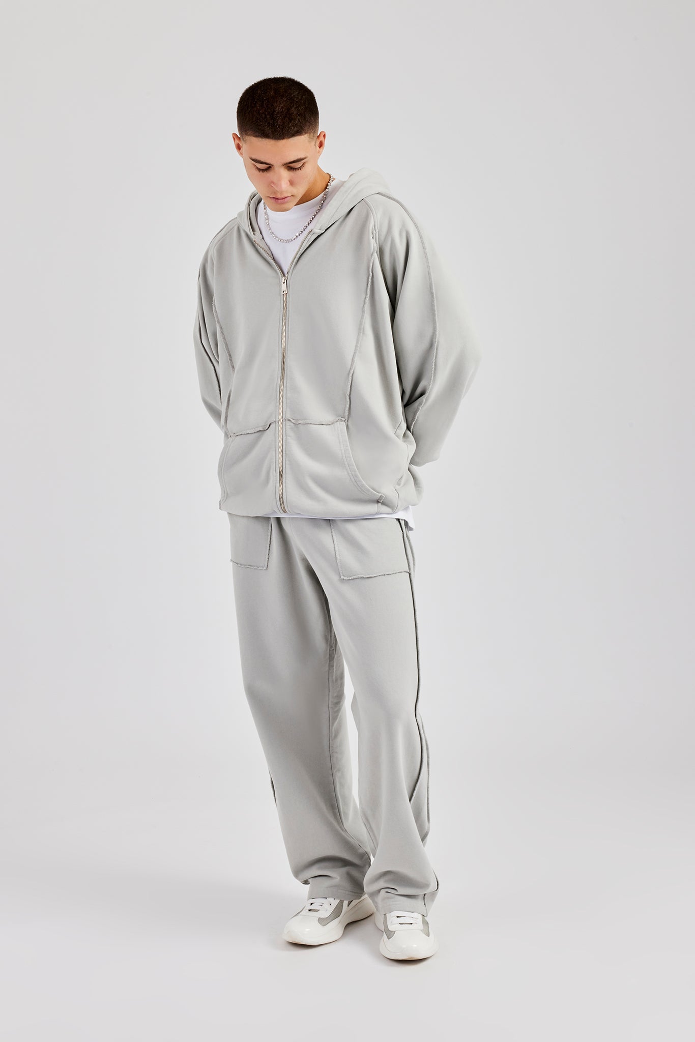 Raw Edge Zip Through Hoodie - Ash Grey | Mens Hoodies & Sweats