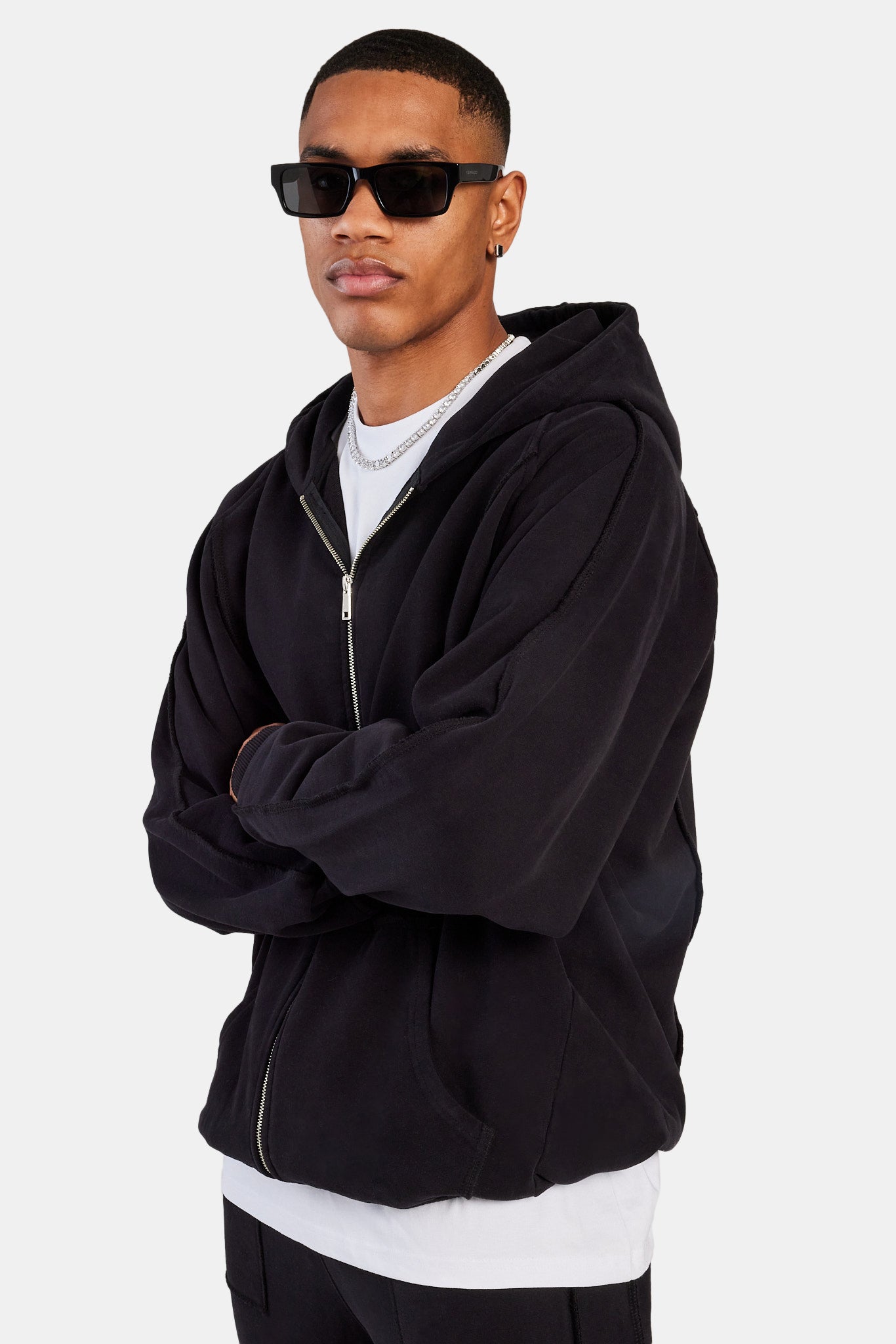 Raw Edge Zip Through Hoodie Black Mens Hoodies & Sweats Shop Hoodies at