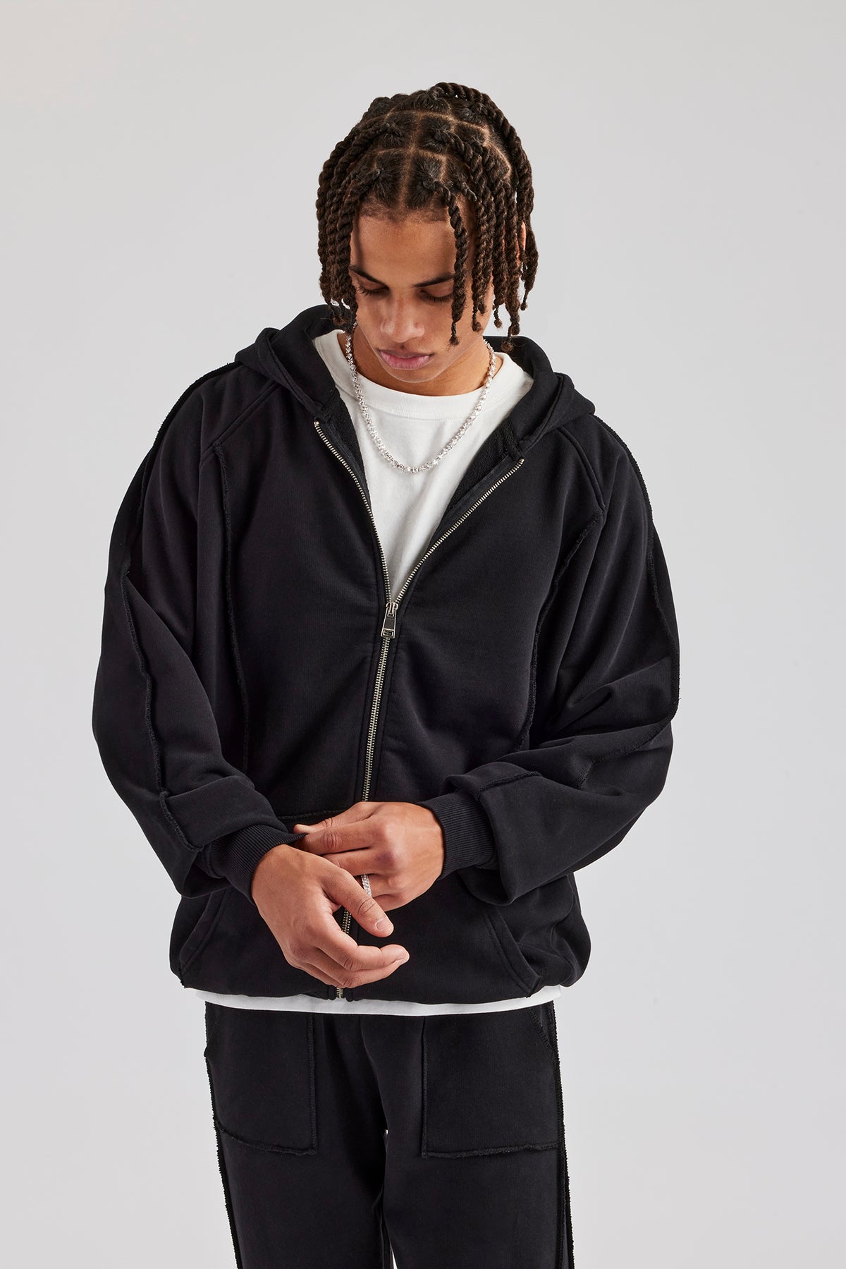 Raw Edge Zip Through Hoodie Black Mens Hoodies Sweats Shop