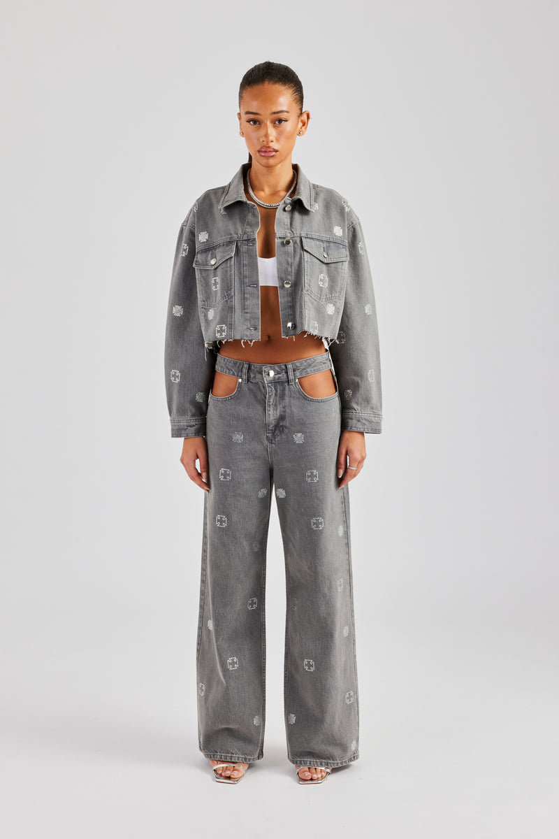 Rhinestone Motif Denim Jacket and Jean Set - Washed Grey