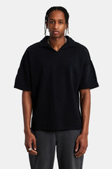 Short Sleeve Exposed Seam Collared Sweatshirt - Black