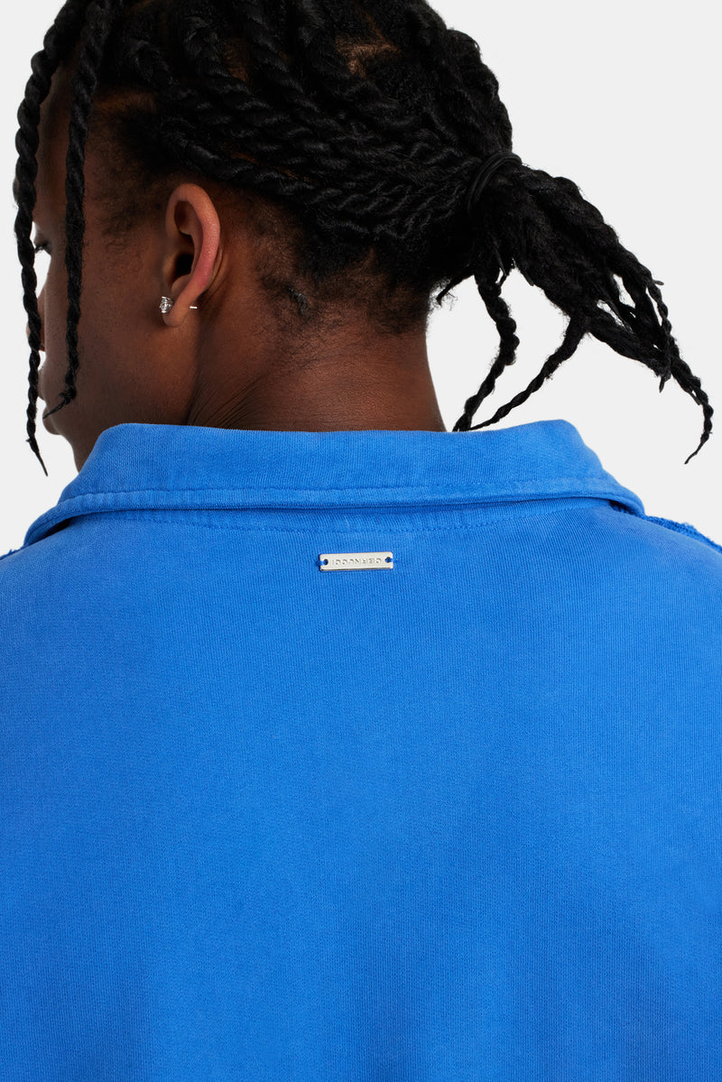 Long Sleeve Exposed Seam Collared Sweatshirt - Washed Cobalt