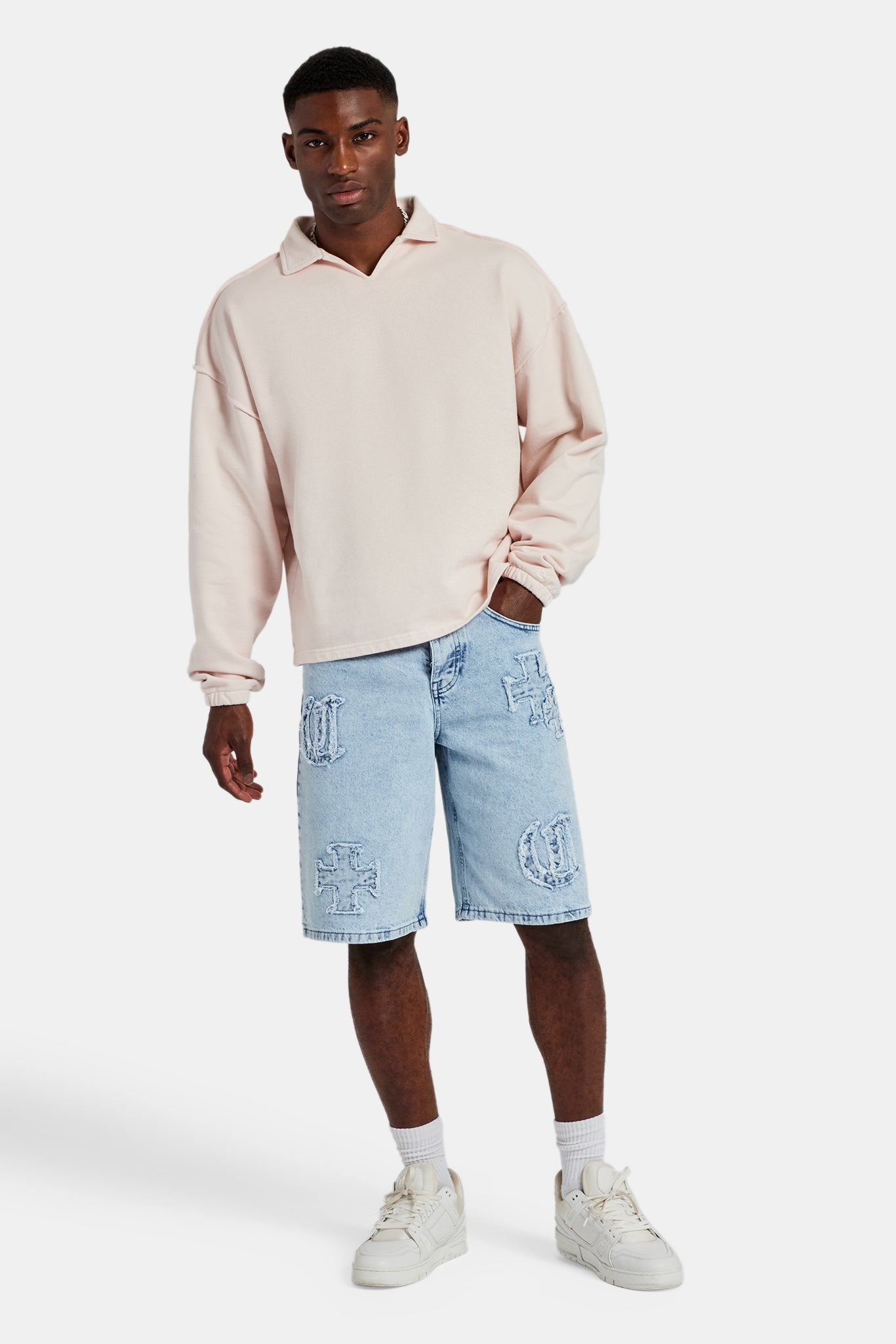 Langarm-Sweatshirt mit Kragen – verwaschenes Rosa