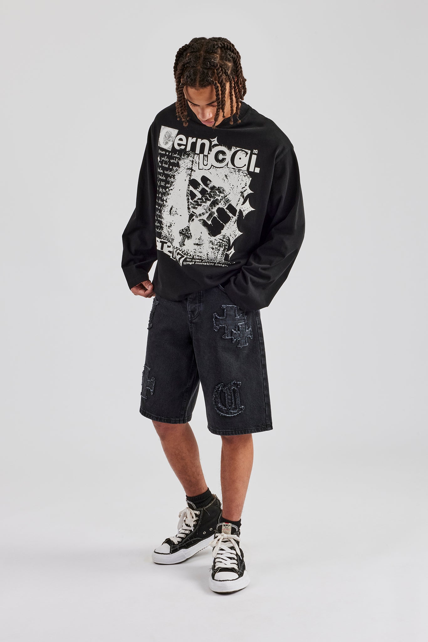 Raw Edge Applique Denim Bermuda Short - Black