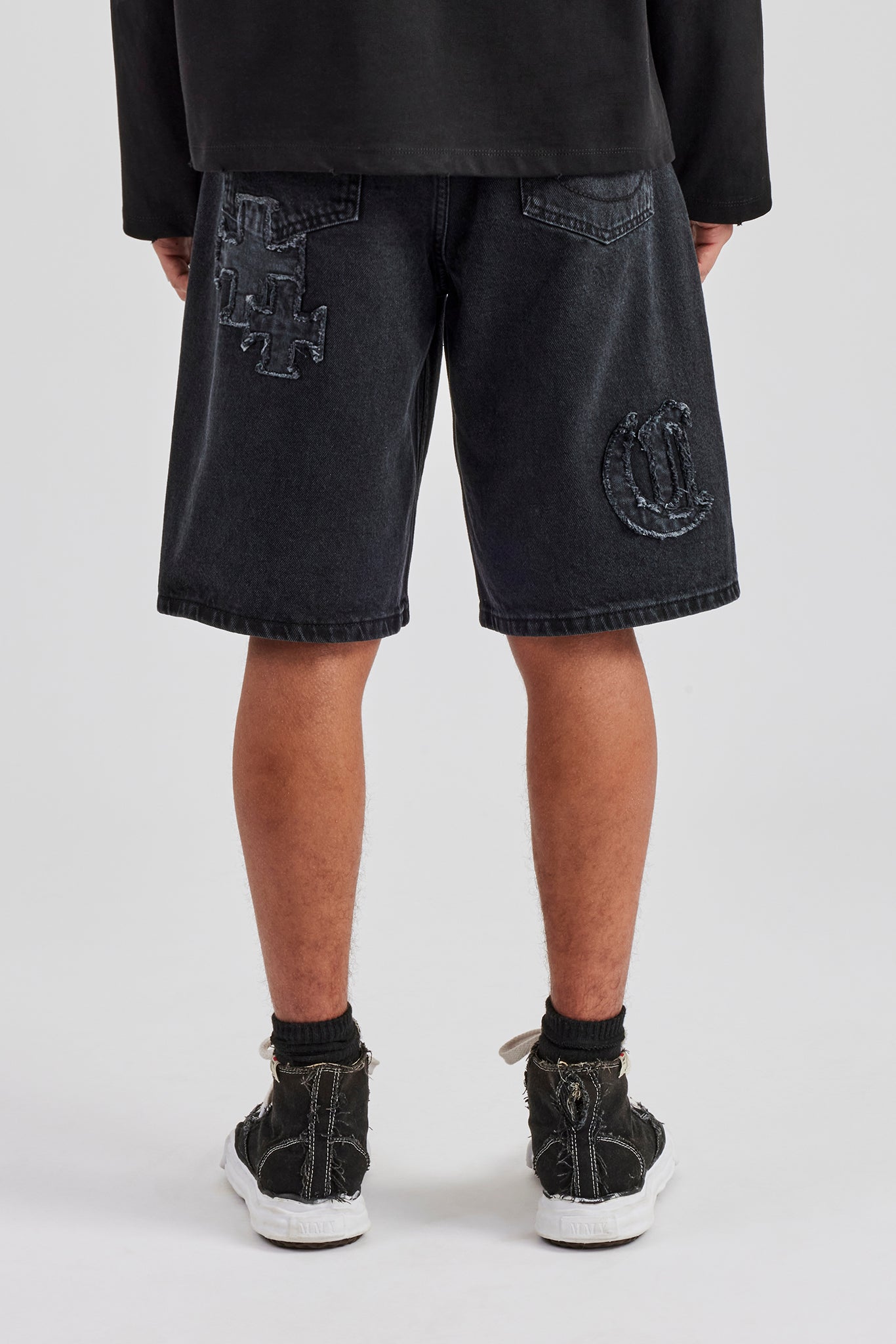 Raw Edge Applique Denim Bermuda Short - Black