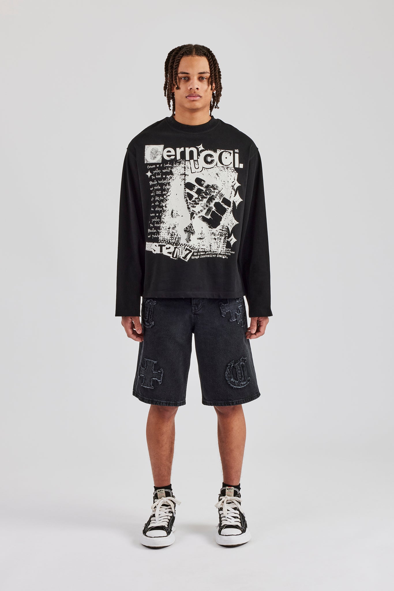 Raw Edge Applique Denim Bermuda Short - Black