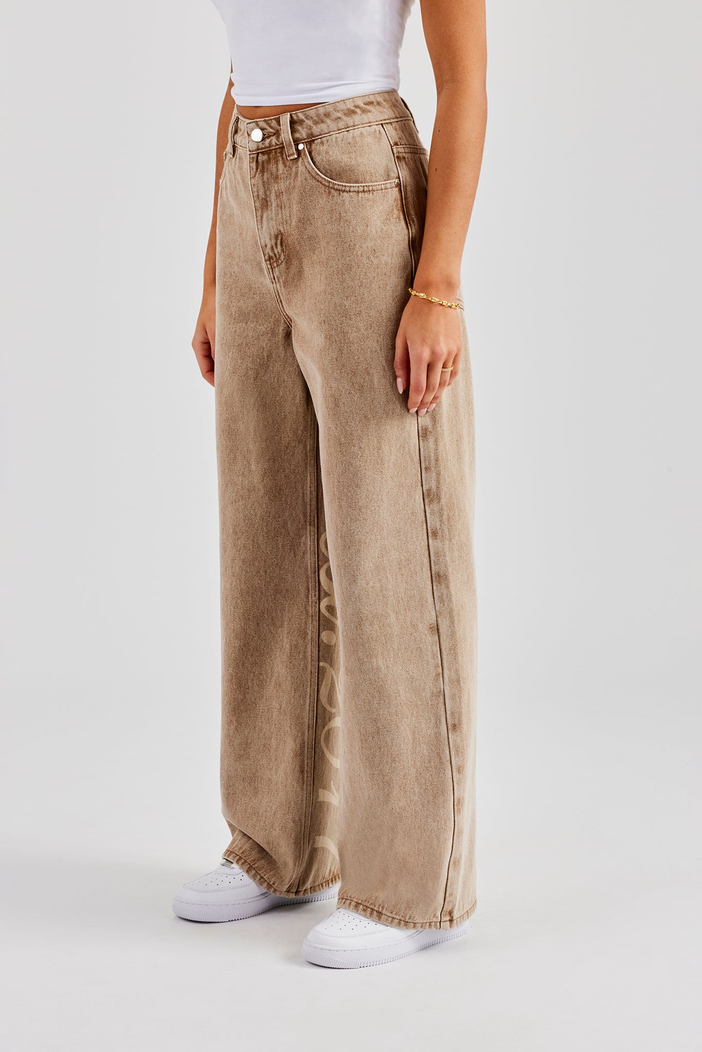 Baggy Fit Laser Print Jeans - Beige | Womens Denim | Shop Denim at