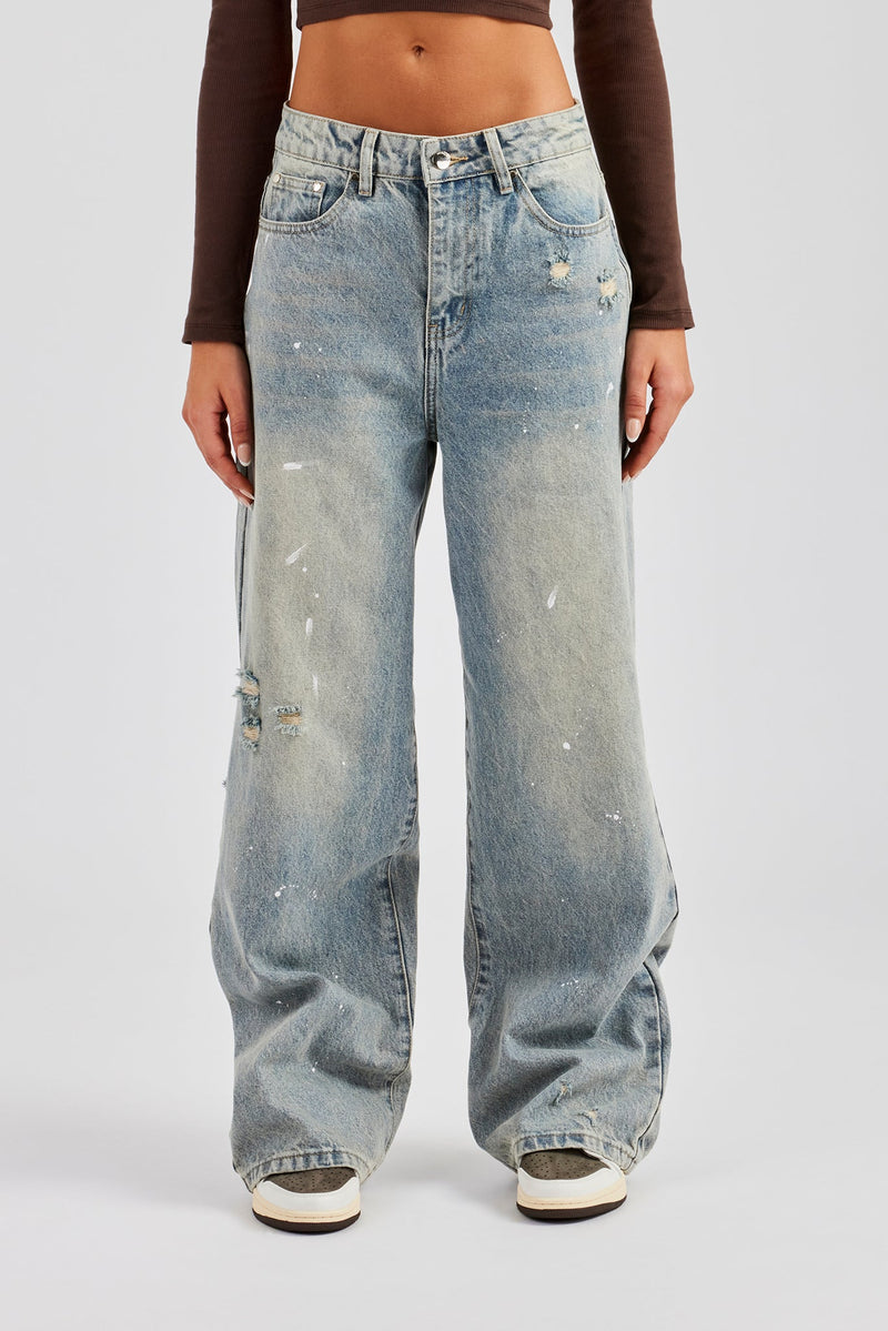 Distressed Paint Splatter Baggy Jean - Antique Wash