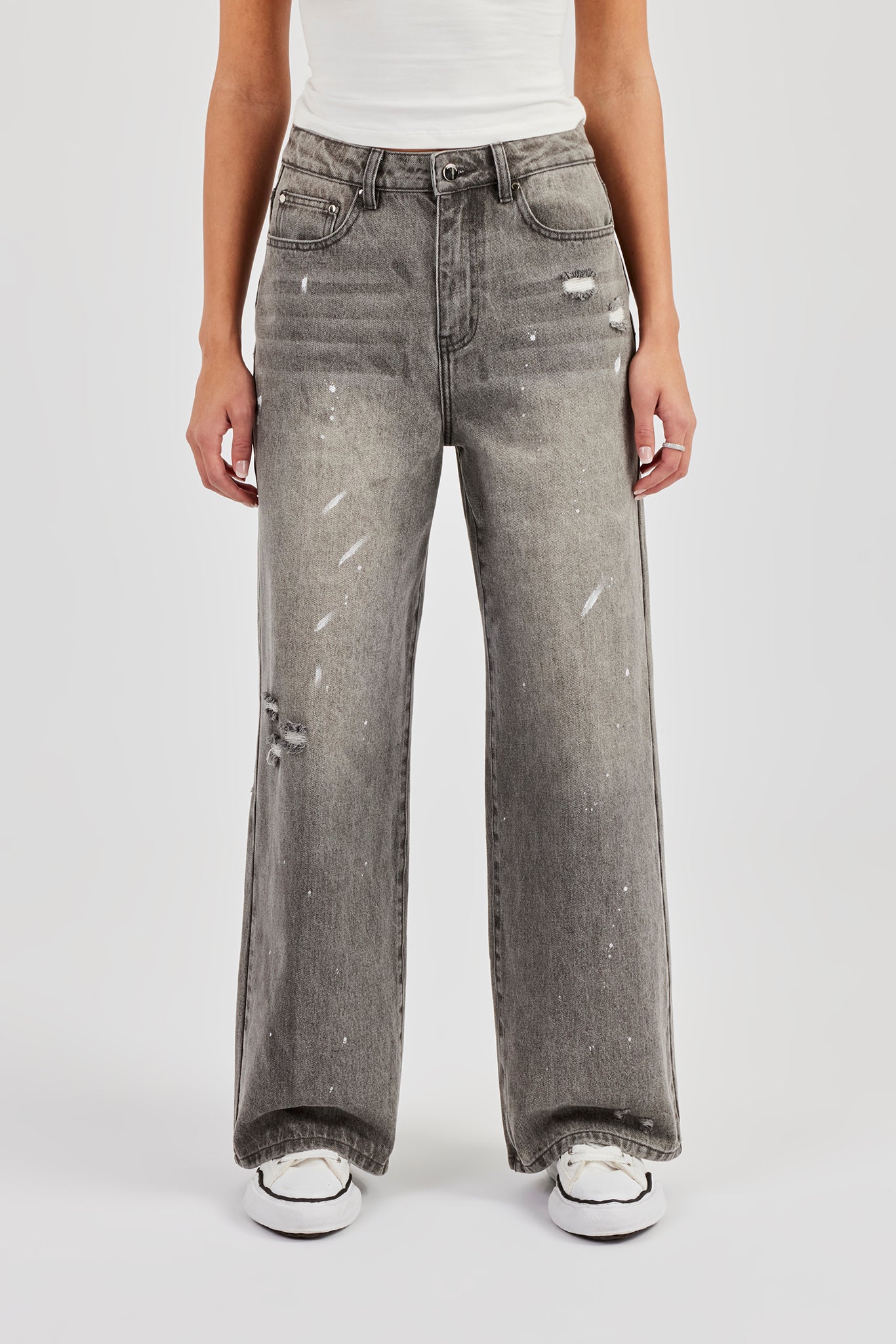 【日本未入荷】Distressed Track Denim - Splatter Distressed Paint Splatter Baggy Jean - Washed Grey | Womens Denim