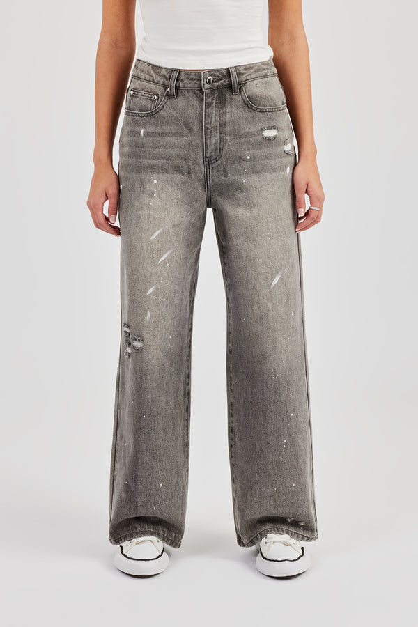 Distressed Paint Splatter Baggy Jean - Washed Grey
