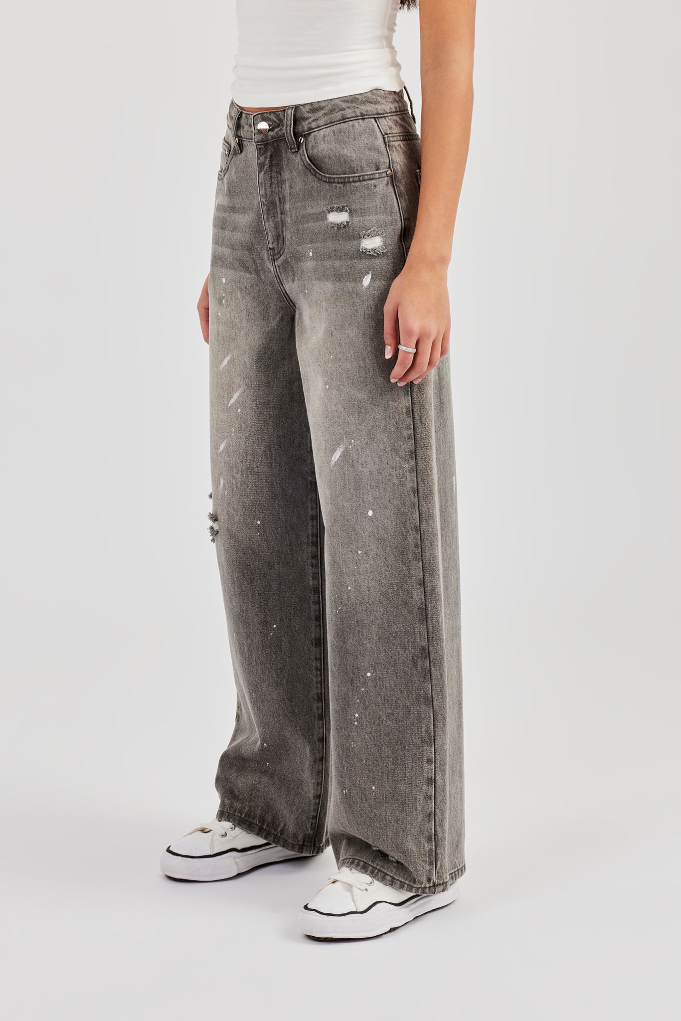 Distressed Paint Splatter Baggy Jean - Washed Grey
