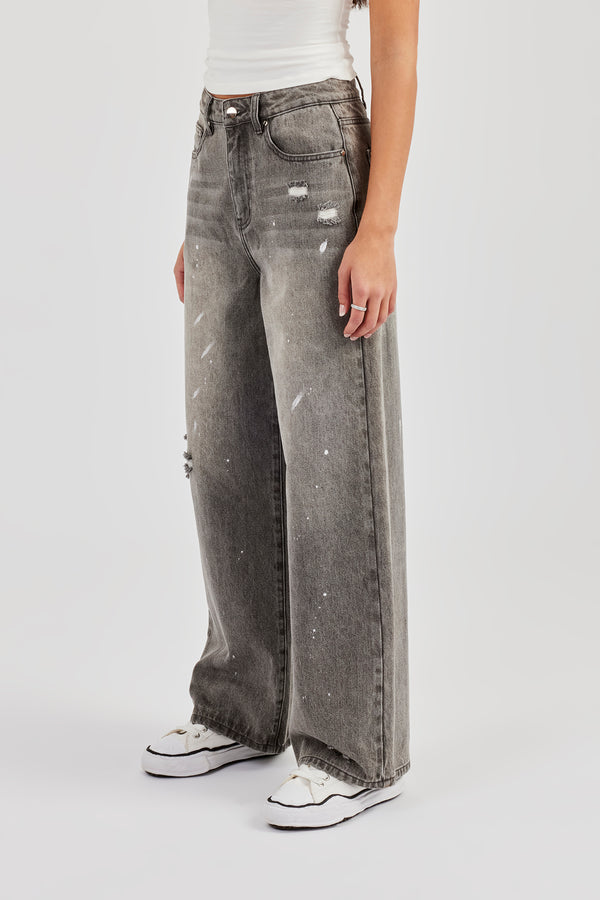 Distressed Paint Splatter Baggy Jean - Washed Grey