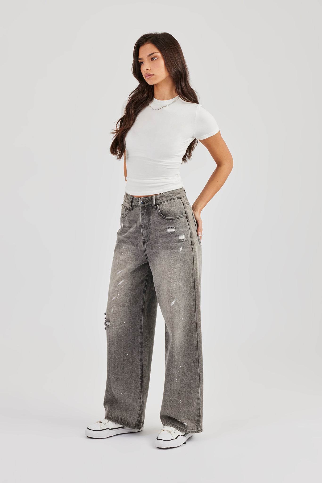 Distressed Paint Splatter Baggy Jean - Washed Grey | Womens Denim