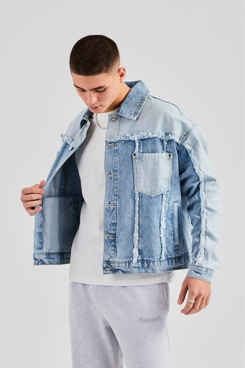 Two Tone Distressed Denim Jacket- Light Blue Mens Denim Shop