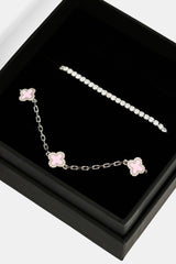 2.5mm Micro Tennis Bracelet & 10mm Pink Enamel Motif Rolo Link Bracelet - White