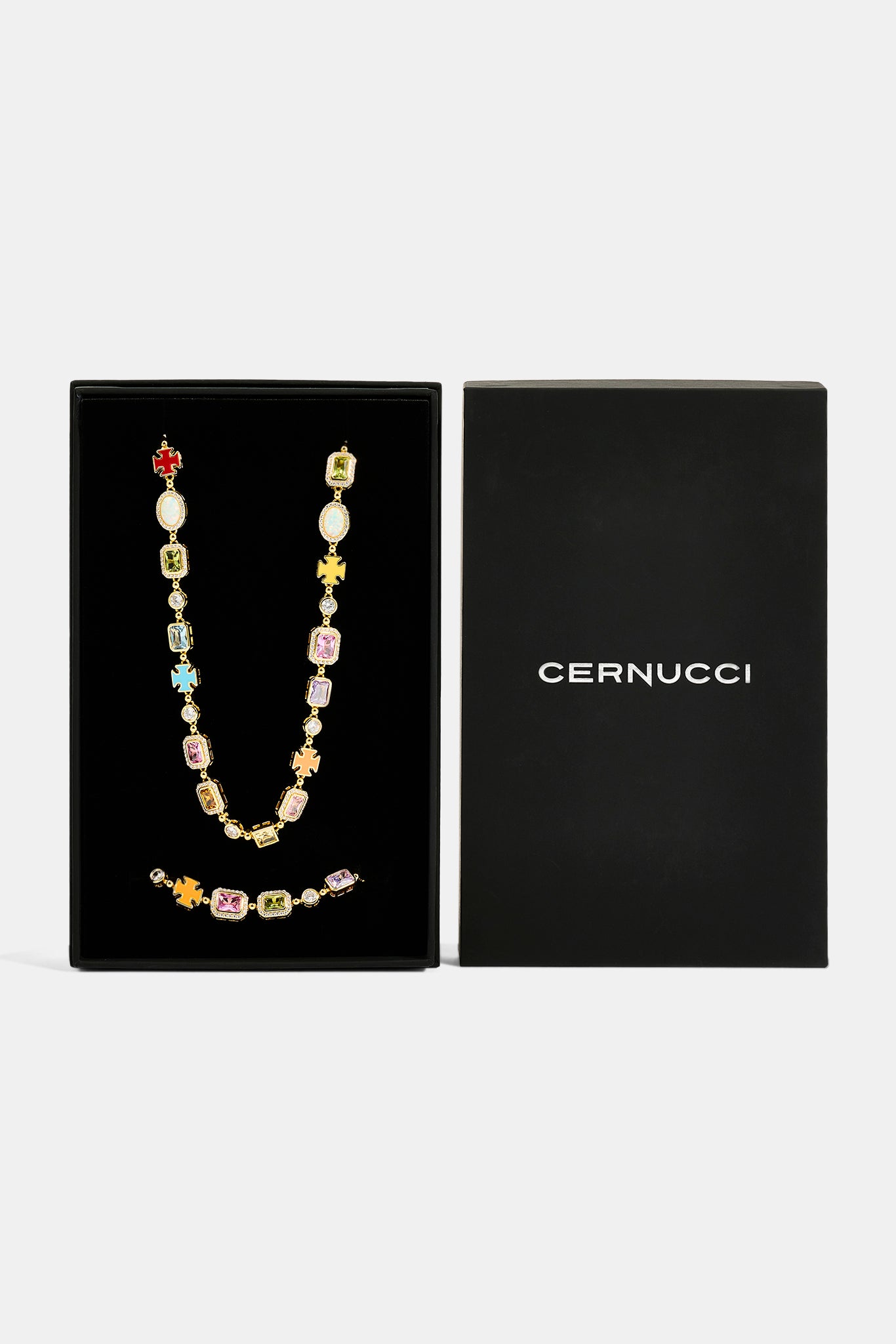 Pink Multi Gemstone Motif Necklace & Bracelet - 10mm - Gold