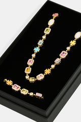 Pink Multi Gemstone Motif Necklace & Bracelet - 10mm - Gold