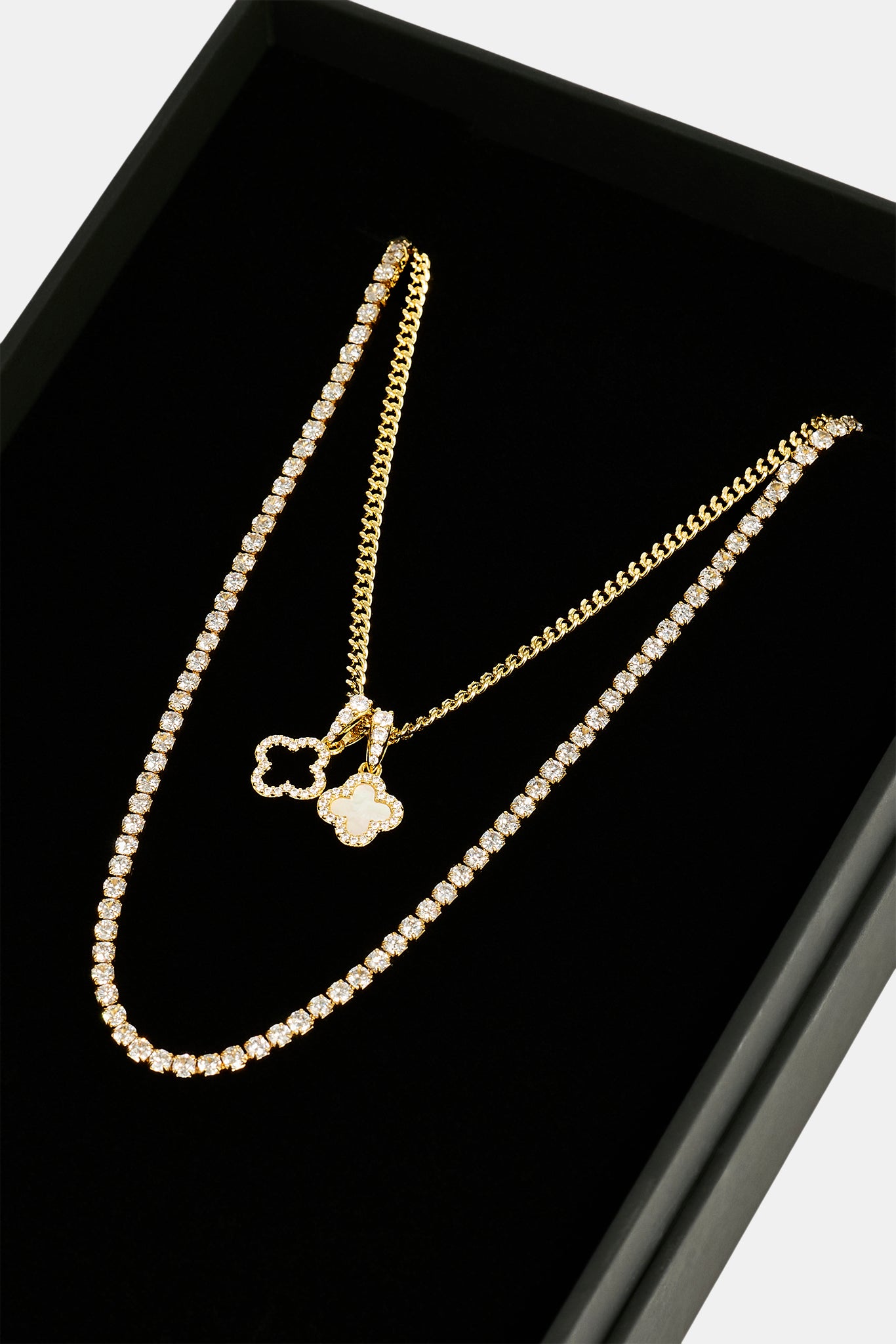 2.5mm Micro Tennis Chain & 10mm Iced Mother Of Pearl Double Motif Necklace