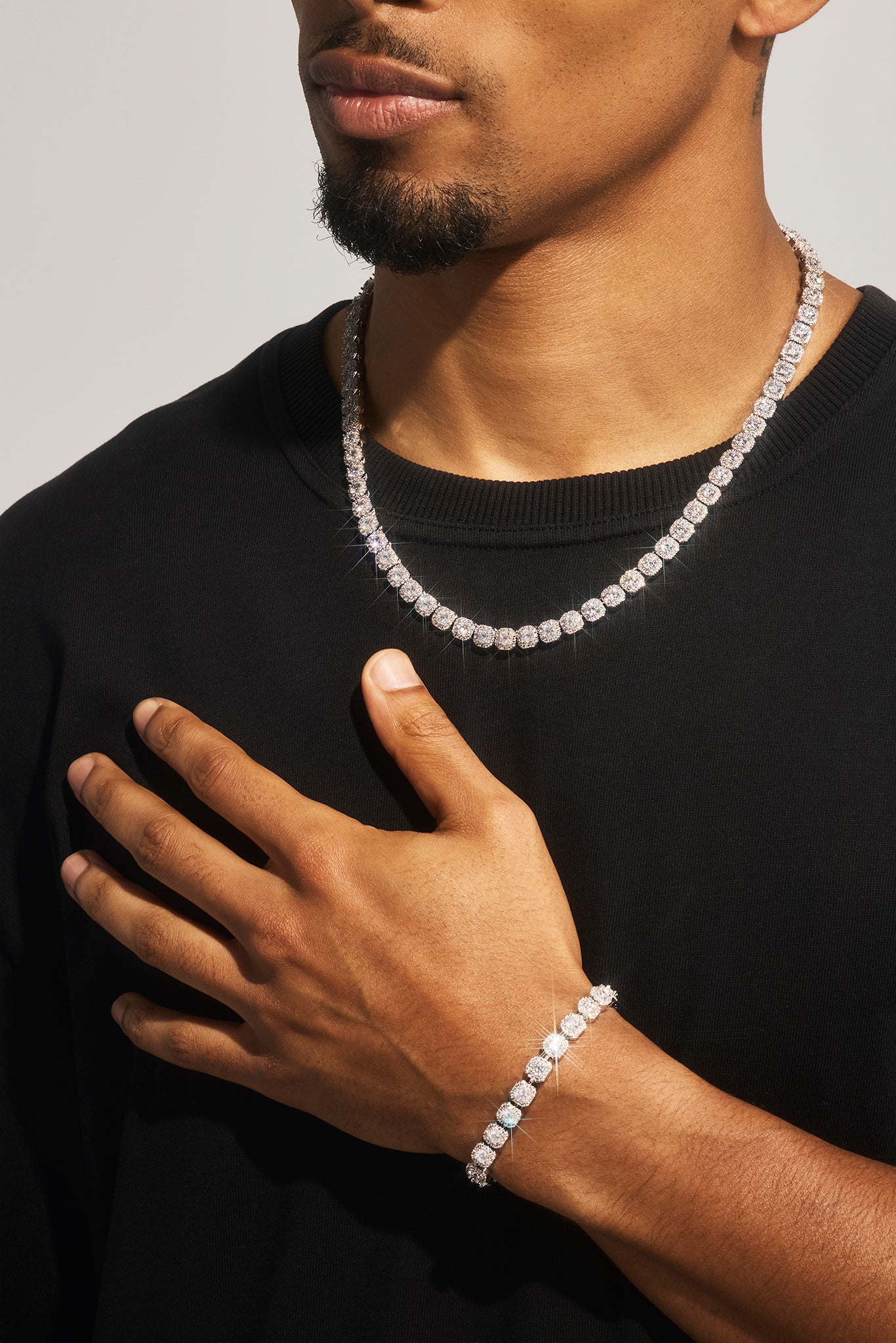 Clustered Tennis Bracelet & Chain - 7mm - White