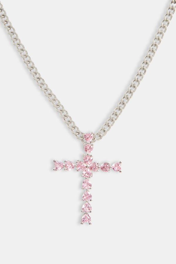 3mm Cuban Chain With Iced Pink CZ Cross Necklace - White Gold