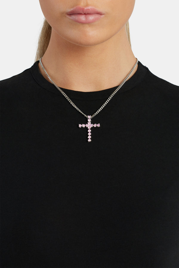 3mm Cuban Chain With Iced Pink CZ Cross Necklace - White Gold