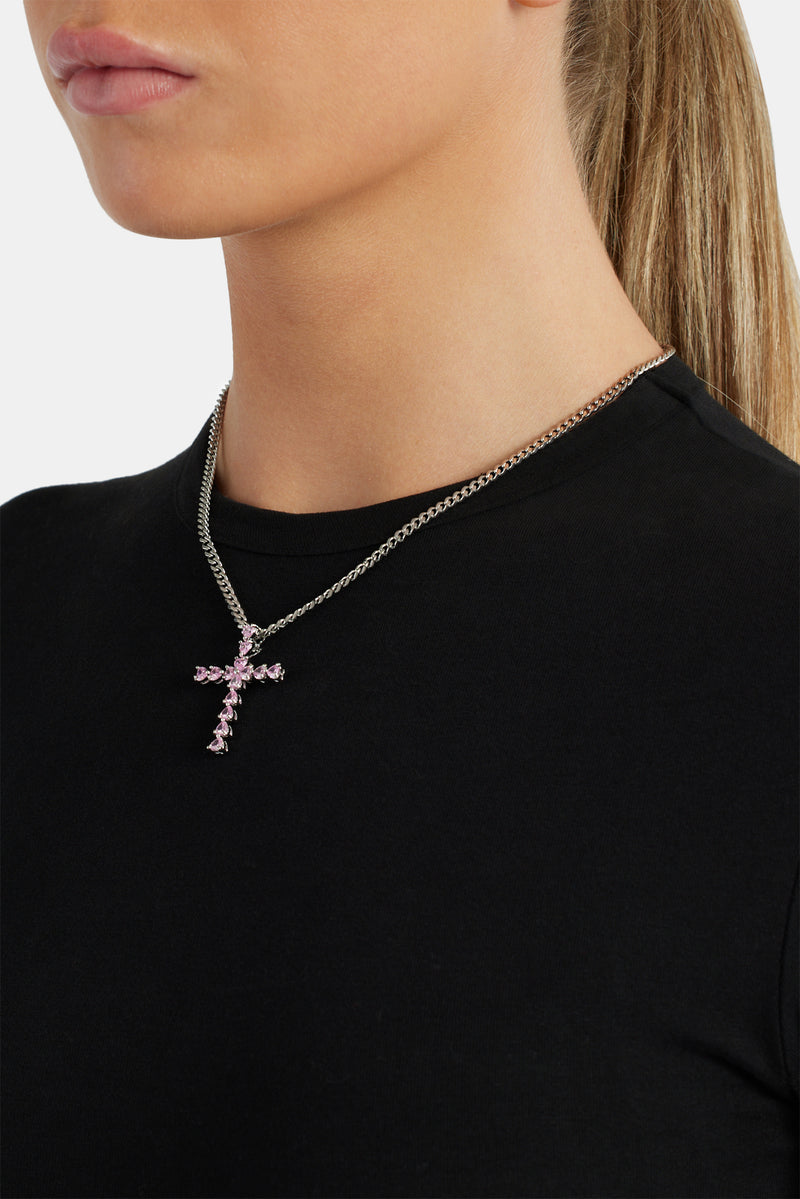 3mm Cuban Chain With Iced Pink CZ Cross Necklace