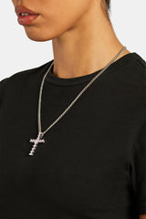 3mm Cuban Chain With Iced Pink CZ Cross Necklace