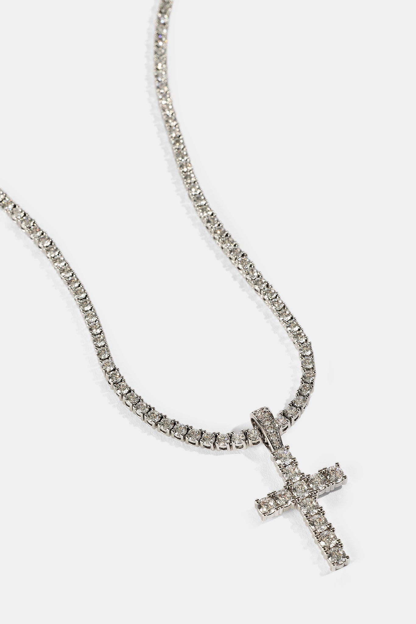 Iced Cross Pendant Tennis Necklace - 30mm - White