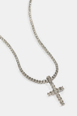 Iced Cross Pendant Tennis Necklace - 30mm - White
