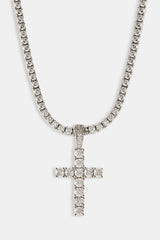 Iced Cross Pendant Tennis Necklace - 30mm - White
