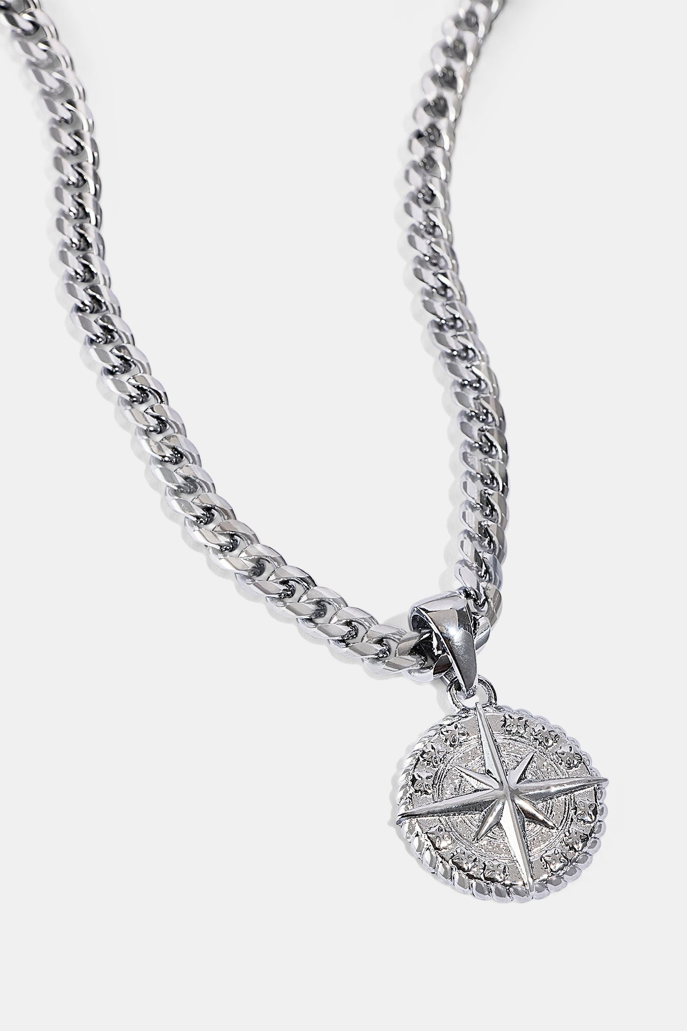 Kompass-Anhänger & 5 mm Miami-Cuban-Halskette – Weiß