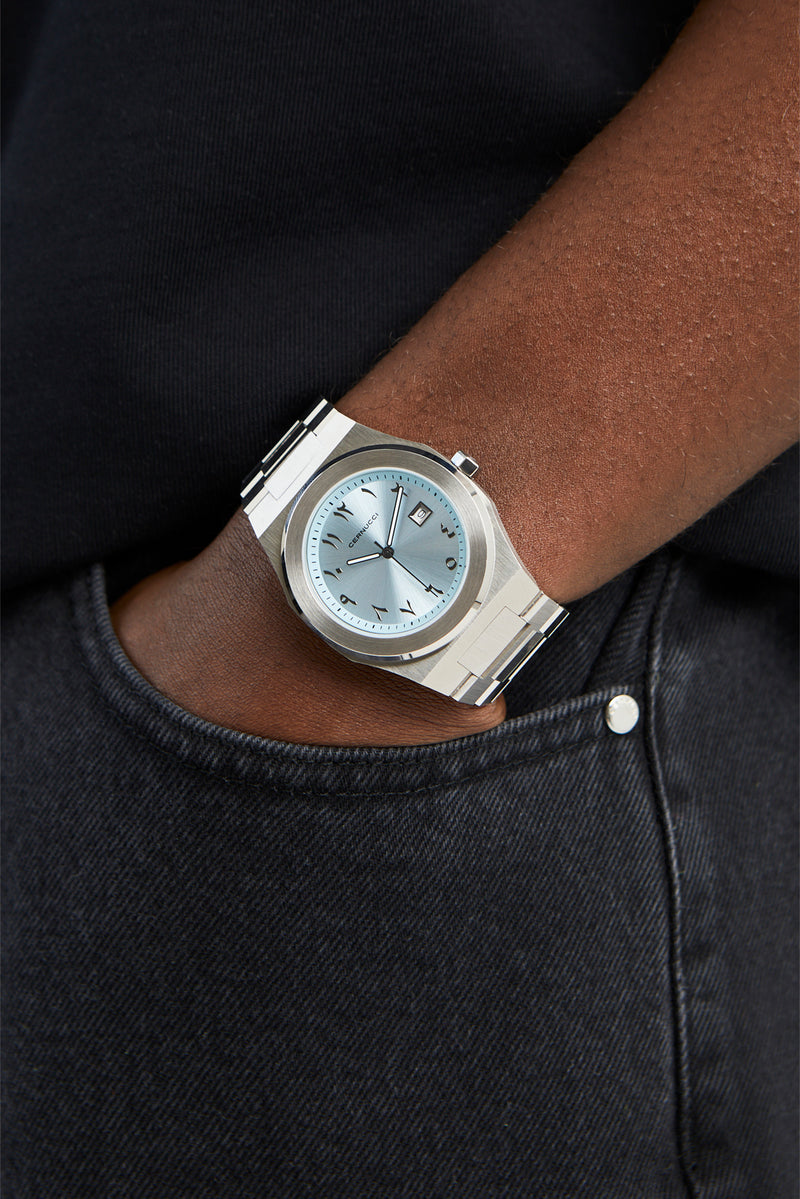 Cernucci Blue Arabic Dial Polished Watch