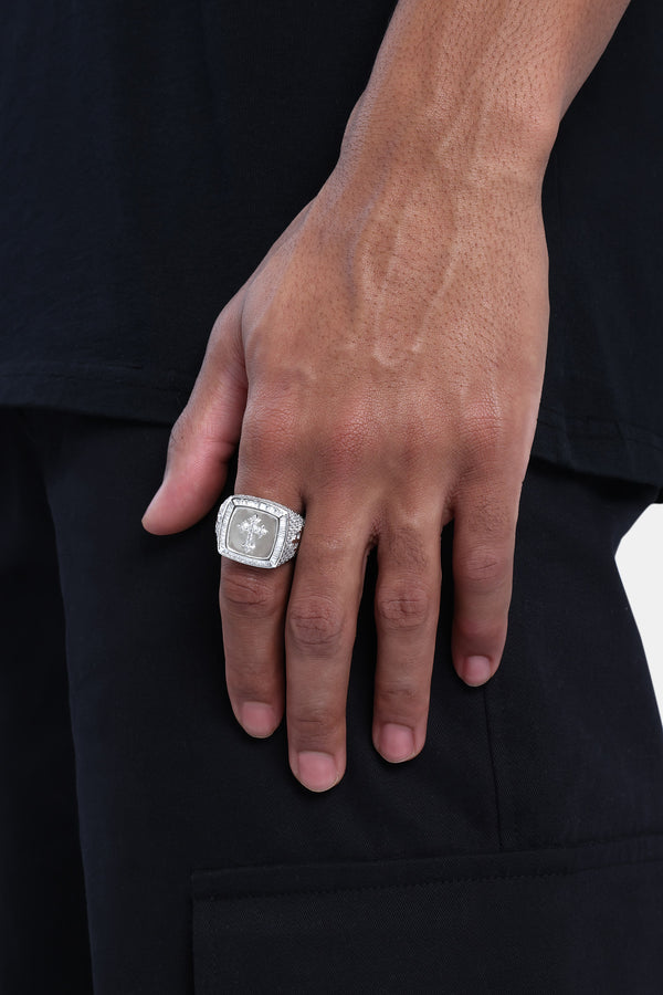 Iced Cross Signet Ring - White 20mm