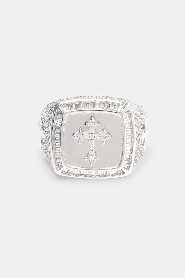 Iced Cross Signet Ring - White 20mm