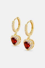 Red Heart Drop Earrings - Gold - 25mm