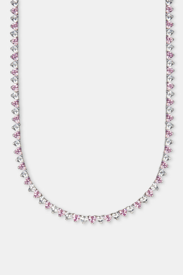 Pink & Clear Heart Tennis Chain - White