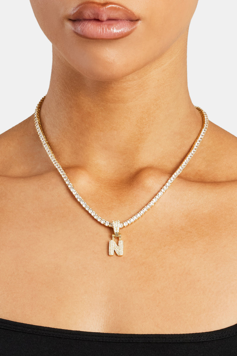 Iced Mini Bubble Pendant Tennis Chain Gold 3mm Womens