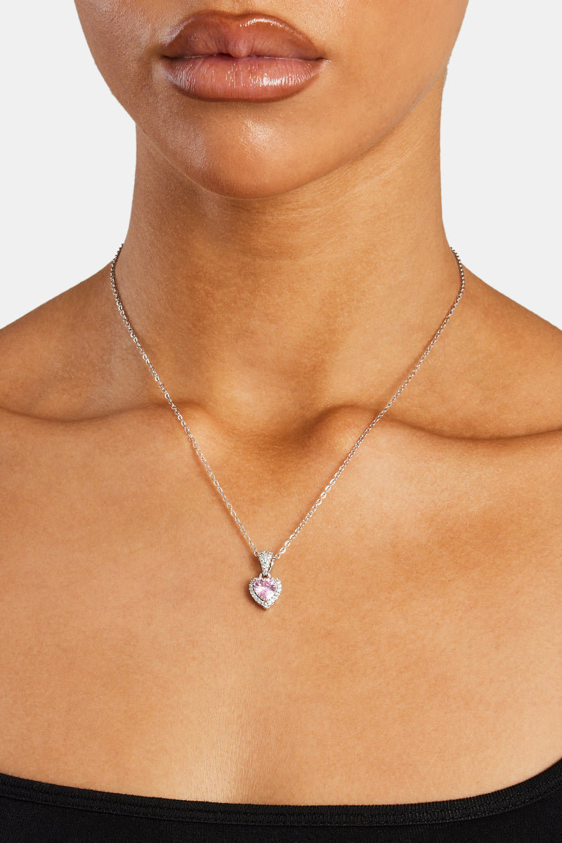 Pink Heart Bezel Necklace - White