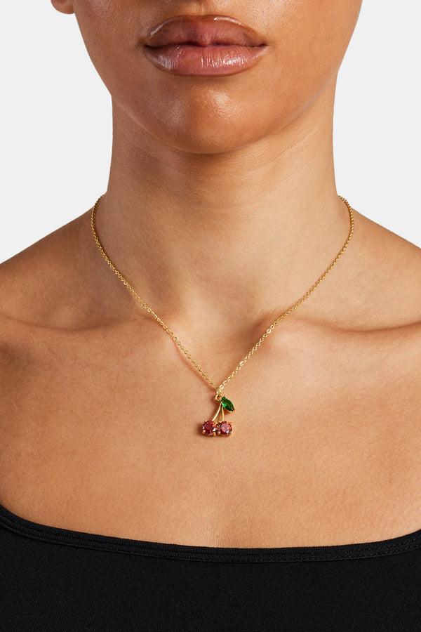 Iced CZ Cherry Necklace - Gold