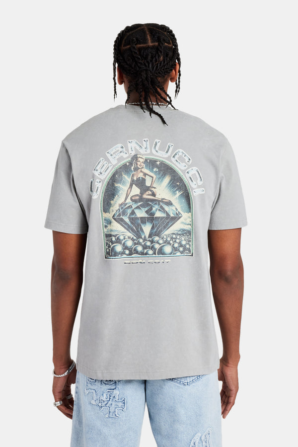 Heavyweight Washed Rhinestone Graphic T-Shirt - Grey