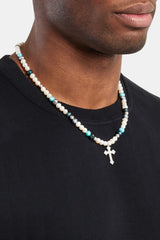 Blue Bead & Cross Freshwater Pearl Necklace