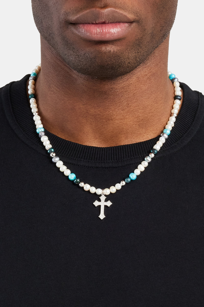 Blue Bead Cross Freshwater Pearl Necklace Mens Necklaces