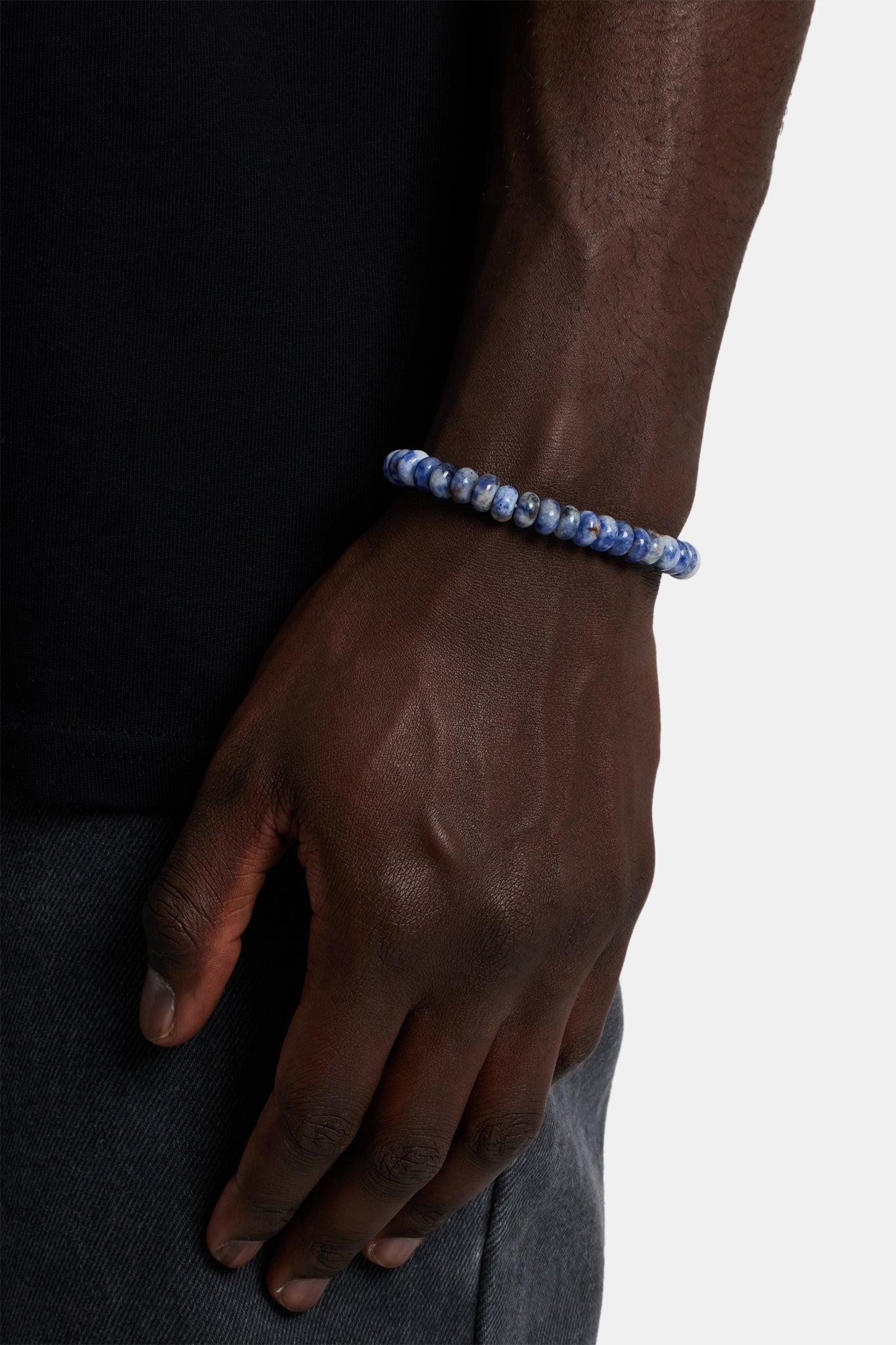 Male model wearing the blue bead bracelet