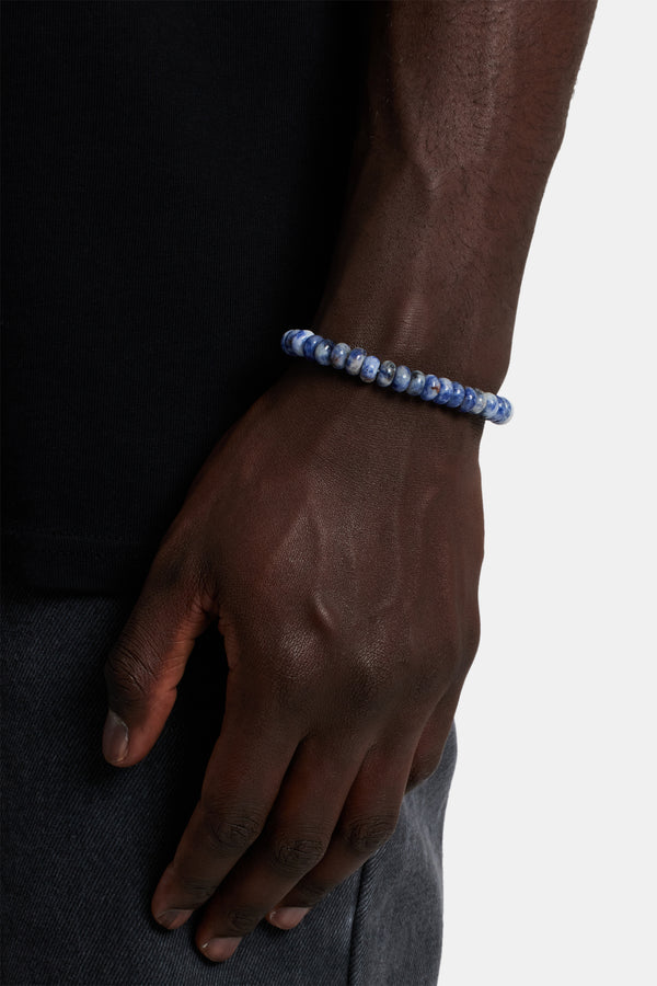 Male model wearing the blue bead bracelet