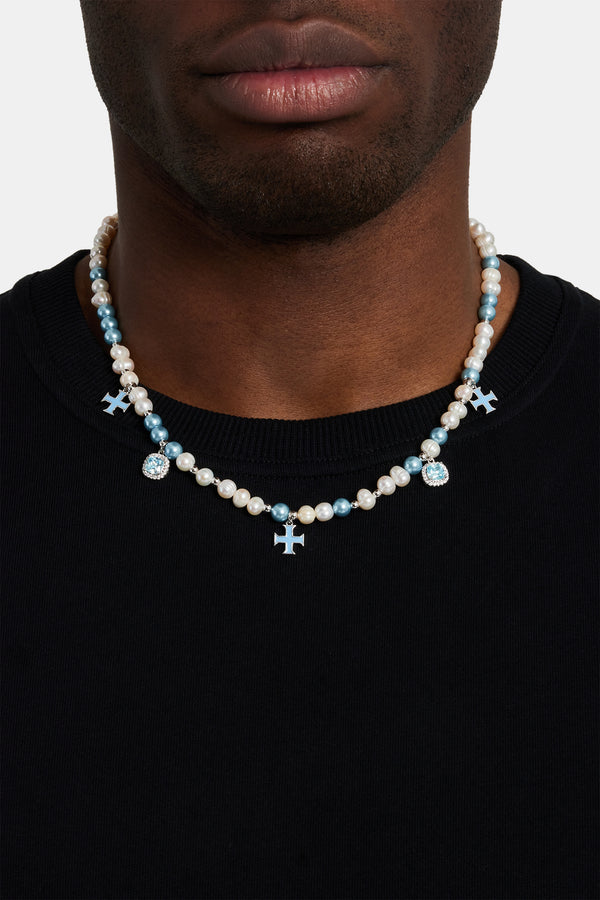 Iced Blue Mixed Motif Freshwater Pearl Necklace