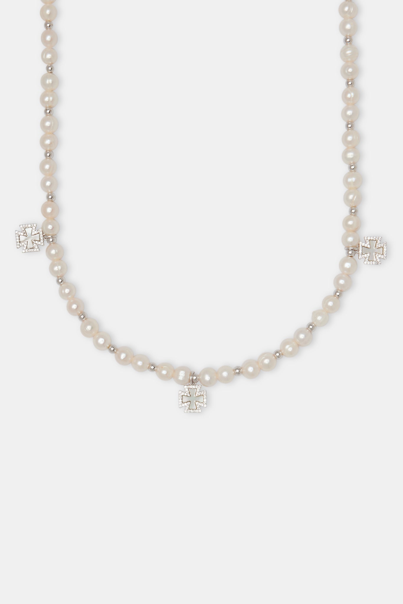 Iced Cross Motif Freshwater Pearl Necklace - 6mm