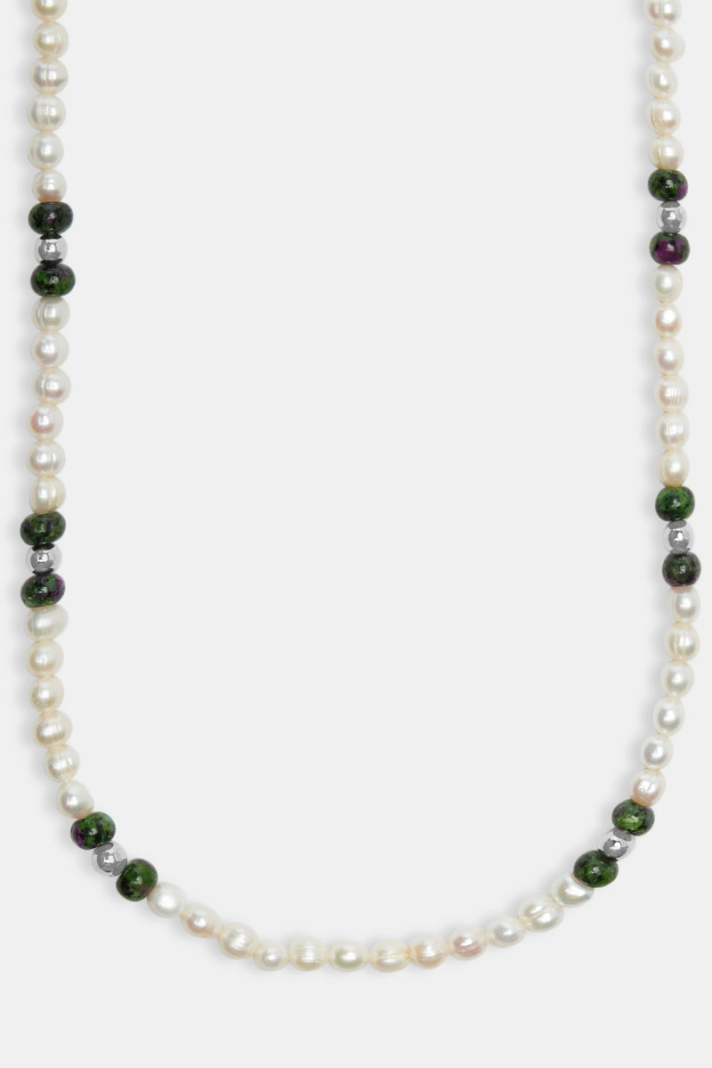 50-Inch Dark Green Jade & Pearl Necklace – 3 Strands, 4mm Beads, Handmade