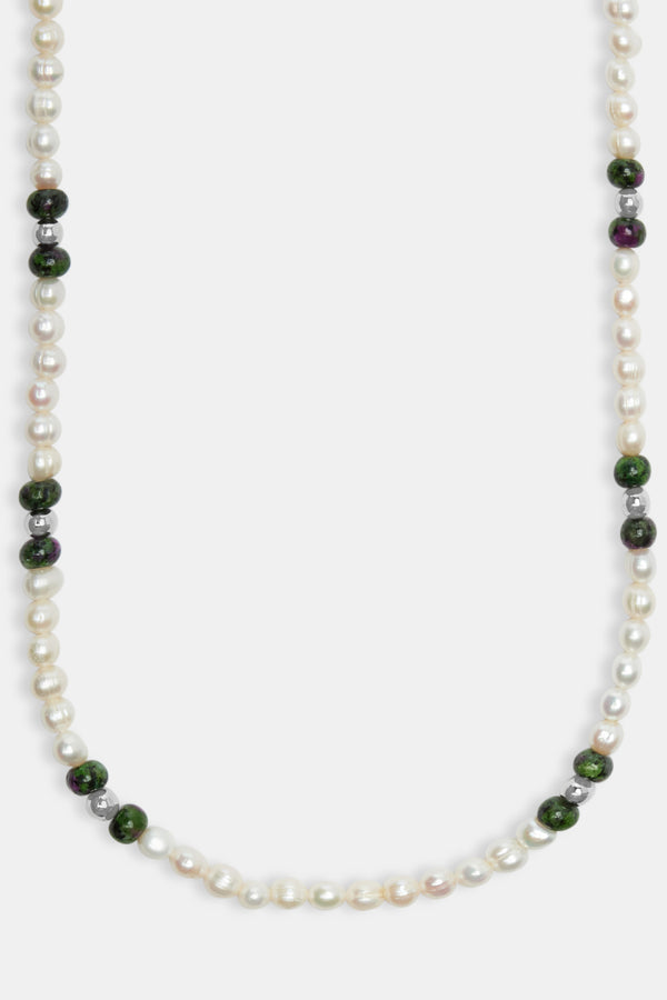 Freshwater Pearl & Green Stone Bead Necklace